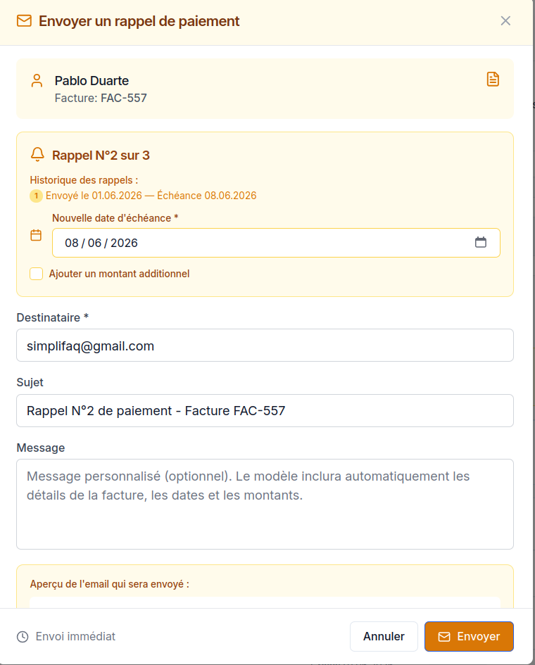 Envoi de rappel de paiement